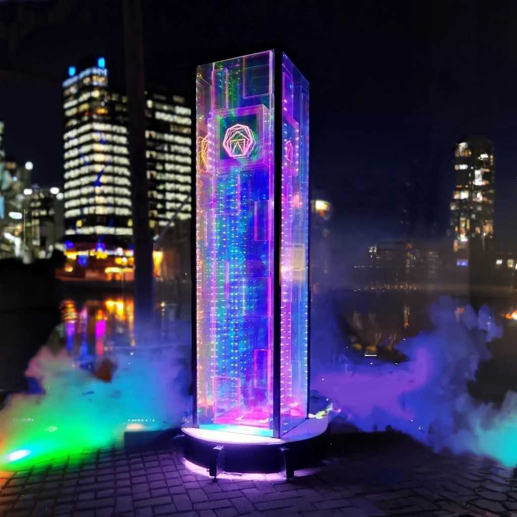 Large glowing computer tower, with sunset clouds behind it.