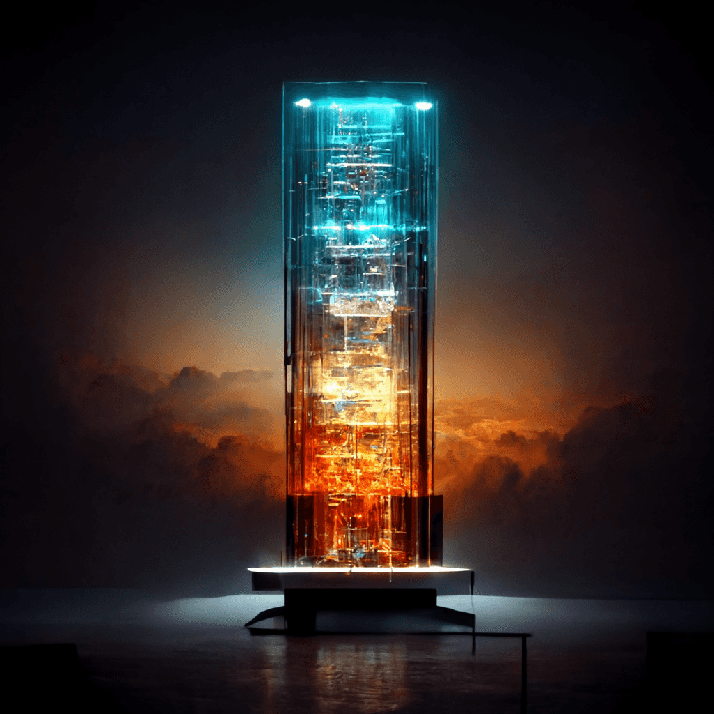 Large glowing computer tower, with sunset clouds behind it.
