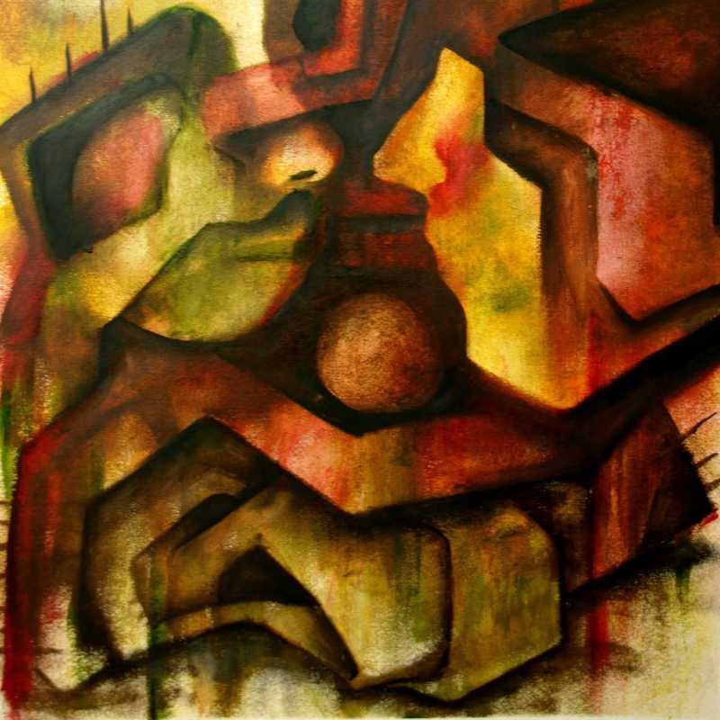 oil on paper painting of two abstract faces looking at one another