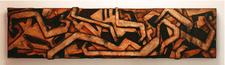 Large horizontal sculpture, of rigid emotional lines carved into a rectangular piece of wood